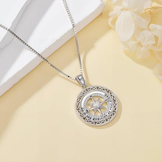 SISGEM Graduation Gifts for Her,Natural Diamond Compass Pendant Necklace for Women,18K Gold Plated 925 Sterling Silver Opal/Moissanite Compass Necklaces Birthday Present for Girlfriend Mom