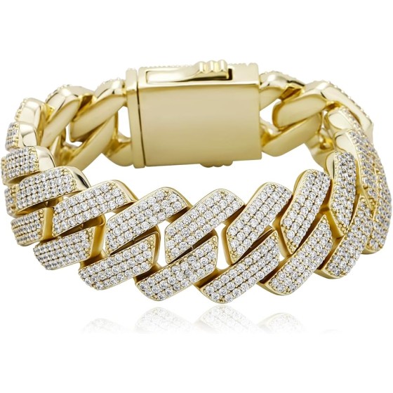 TOPGRILLZ Pulseras Para Hombres Gold Bracelet for Men Diamond Cuban Link Bracelet for Women 3 Row 20mm Miami 14K Gold Plated Iced out Straight Edge Rapper Costume