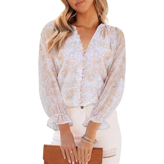 Womens Casual Boho Floral Print V Neck Long Sleeve Blouses Button Down Shirts Dressy Chiffon Loose Ruffle Tops